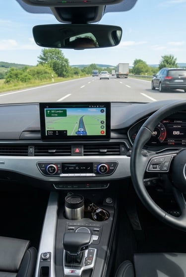 A clear view of a modern car dashboard and front windscreen driving safely during the day