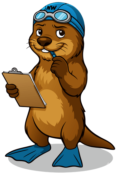 De vrolijke otter mascotte van NextWave zwemschool in Liedekerke met zwembril en badmuts.