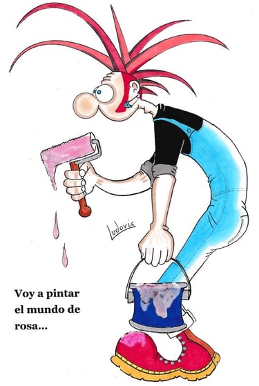 Dibujo con un joven que pinta el mundo de color rosa y lo considera con optimismo