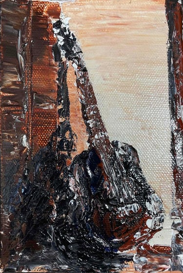 Abstract palette knife oil painting of a guitar with thick impasto texture and earthy tones.