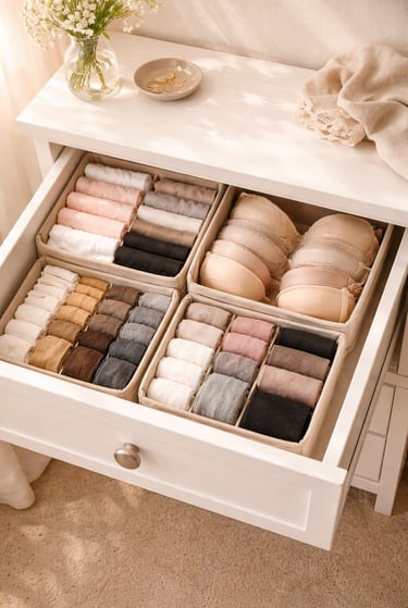 Open dresser drawer with fabric dividers organizing underwear, bras and socks folded vertically by c