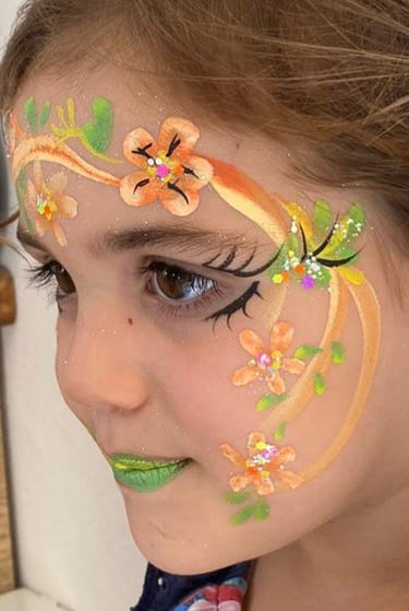 Maquillage fleurs vert et orange