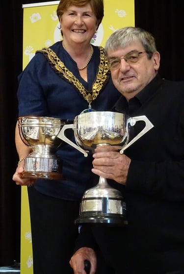 Sandy Town Mayor, Cllr. Joanna Hewitt, presenting awards, including to Richard Marriott , in 2023.
