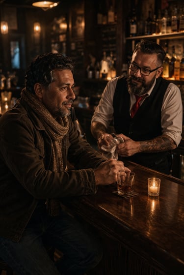 Hombre conversa en un bar sobre amor, pérdida y recuerdos que aún permanecen