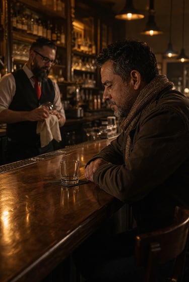 Hombre solo en un bar mientras la canción que me devolvió a ti despierta recuerdos