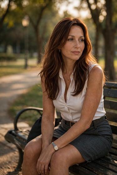 Mujer reflexiva en un parque evocando recuerdos de un amor del pasado