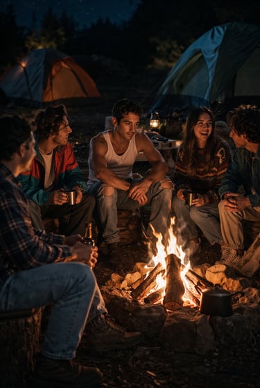 Grupo de amigos junto a una fogata durante un viaje que marcó un cambio interior