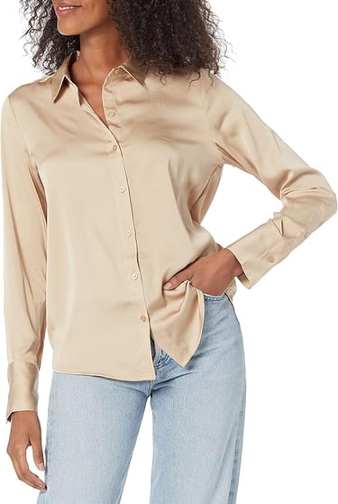  Women's Regular-Fit Satin Button Down Blouse