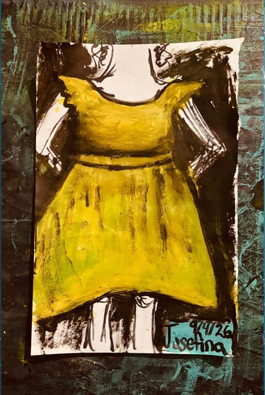 Hand-painted expressionist mixed media artwork of a girl in a yellow dress with a dark textured background.