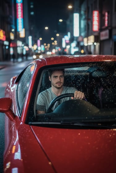 a man driving a car in the rain