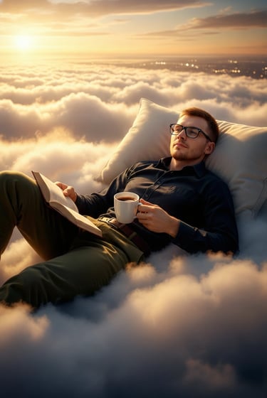 a man reading a book while lying on a cloud