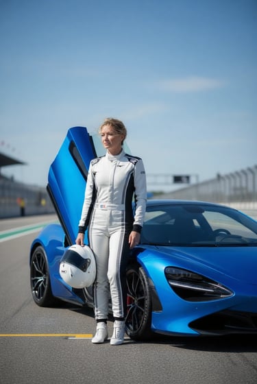 a woman in a white suit and a blue car