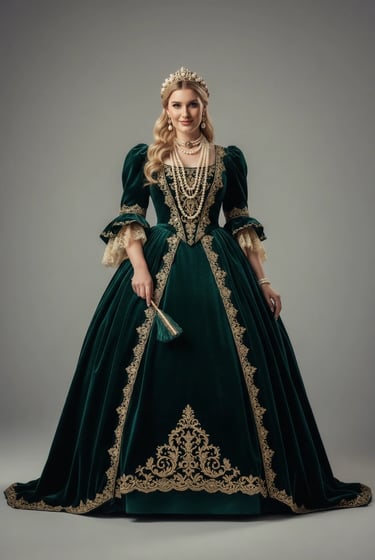 a woman in a green dress with a gold chain necklace and a pearl necklace