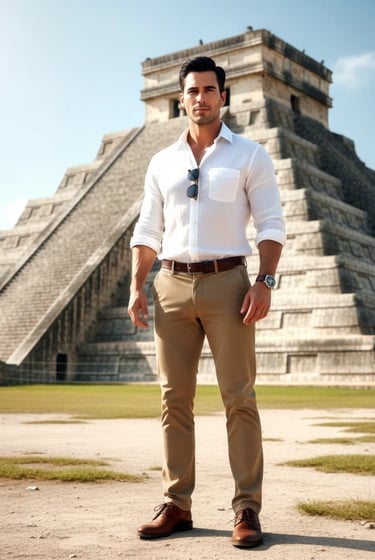 a man standing in front of a pyramid shaped building