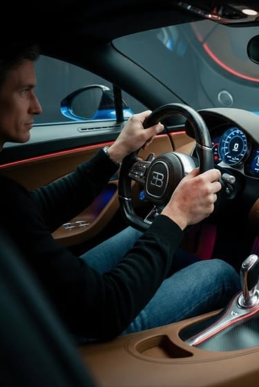 a man driving a car with a steering wheel