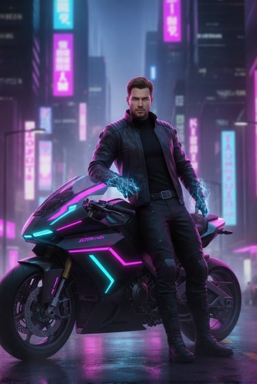 a man in a black jacket and black pants sitting on a motorcycle