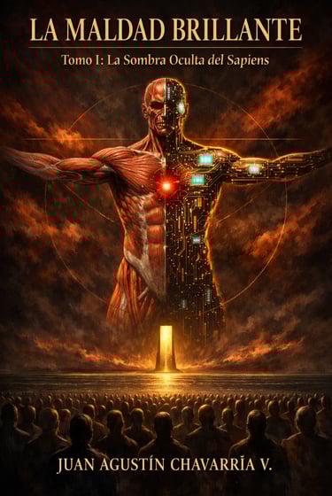 Figura humana dividida entre anatomía y tecnología sobre un fondo de nubes oscuras