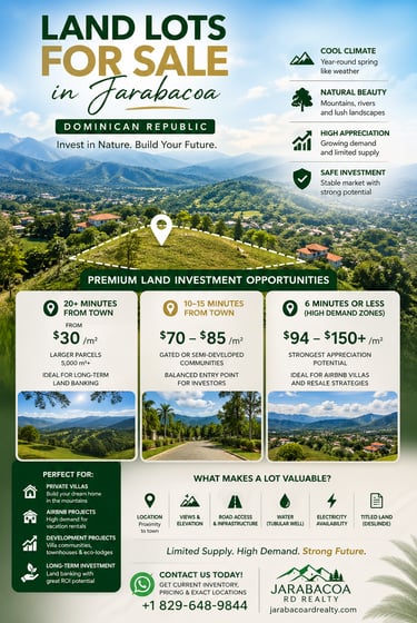 Promotional flyer for land lots for sale in Jarabacoa Dominican Republic featuring mountain views and real estate investment