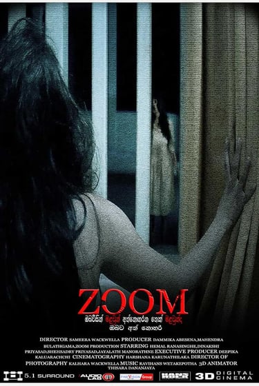 Official movie poster for the Sri Lankan horror film Zoom, featuring a woman looking through a dark window.