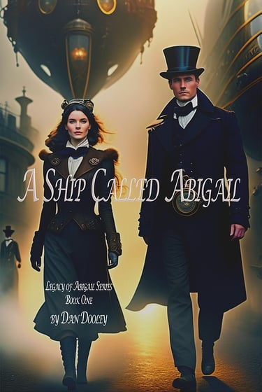 Steampunk book cover for A Ship Called Abigail featuring a Victorian couple and airships.