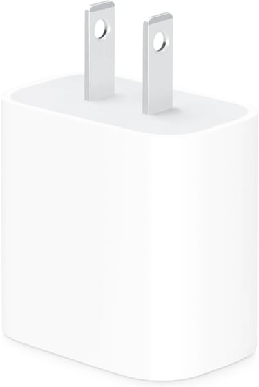 White 20W USB-C power adapter wall charger with two-prong plug for mobile devices.