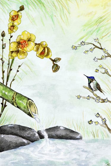 Estanque japonés con colibrí