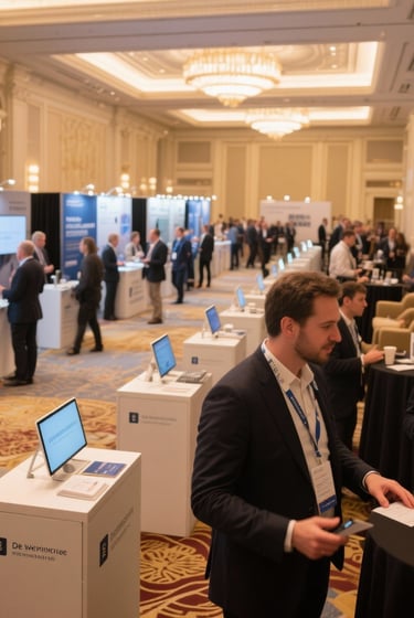 Elegant hotel ballroom exhibition setup with chandeliers and professional networking event