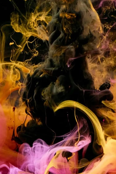 Colorful abstract smoke clouds in pink, yellow and black artistic composition