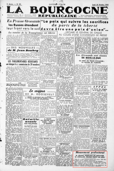 La Bourgogne 26/10/1944 nomination de Marcel Lanquetin et mise à disposition de Maurice Papon ...