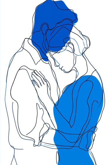 illustration au trait d'un couple attiré l'une par l'autre, une forme  bleue s'est formé chez chacun