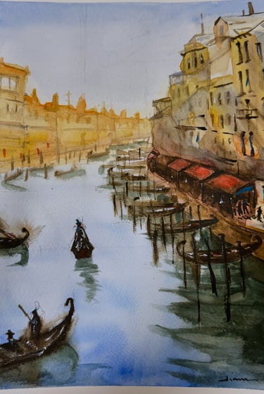 a painting of the Gondola in the Venice Riviere