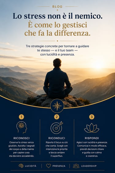 Man meditating on a mountain for stress management and mindful leadership strategies.