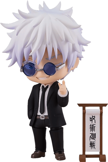 Satoru Gojo Nendoroid figure in a black suit and sunglasses from Jujutsu Kaisen.