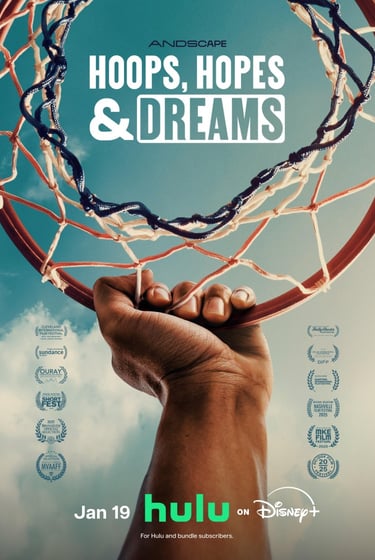 Hand clutching a basketball rim for the Hoops, Hopes, and Dreams documentary on Hulu and Disney+.