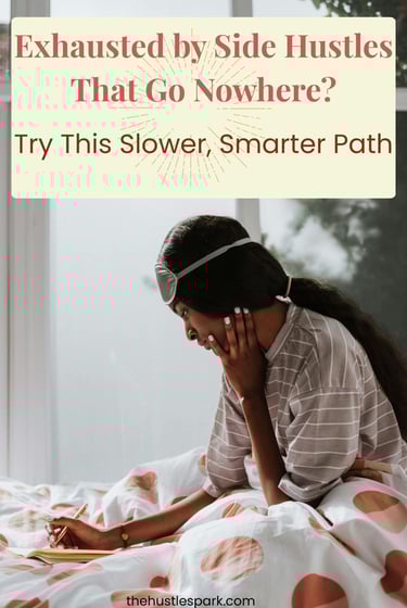 Woman in bed journaling about burnout from failed side hustles and choosing a slower path to busines