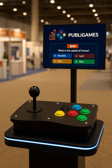 Mesa gamer Publigames com botões arcade e TV em pedestal
