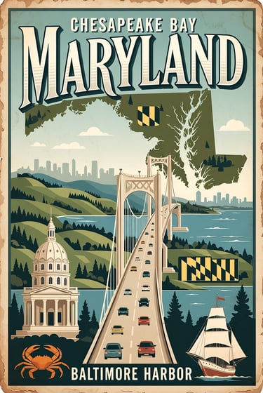 VINTAGE STYLE TRAVEL POSTER FOR MARYLAND. AI GENERATED