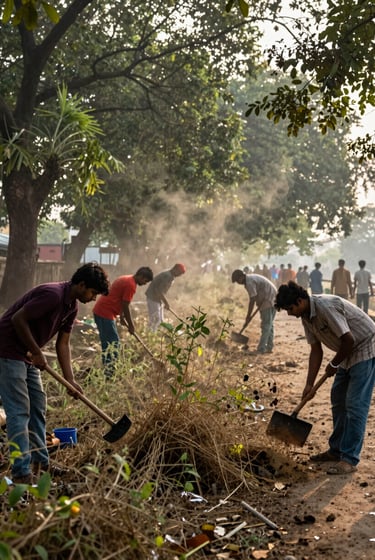 Ground-level view along the Vrindavan parikrama path at dawn, volunteers clearing overgrown vegetation with hand tools, soft natural daylight filtering through trees, documentary framing, dust visible mid-air