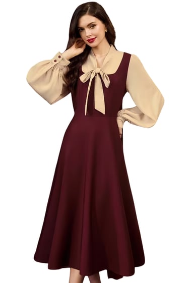 Maroon Women's Elegant Long Sleeve A-Line Dress with Bow Detail