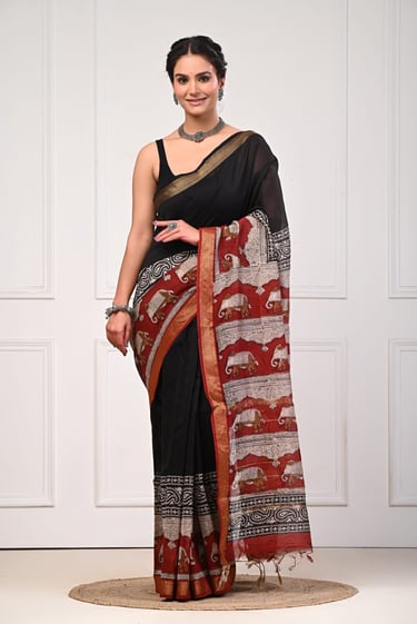 Premium Ajrakh print Maheshwari silk saree with traditional geometric motifs