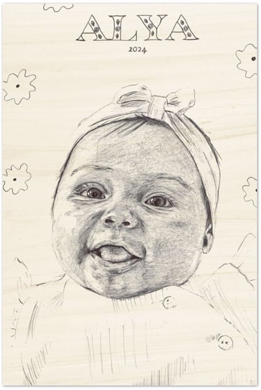 portrait de bébé au stylo BIC imprimé sur bois FSC