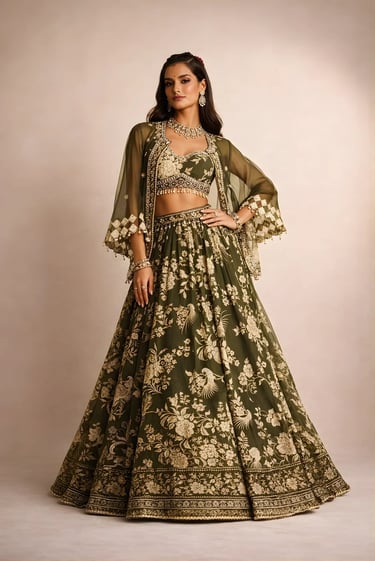 Peacock Jacket and Printed Skirt Set