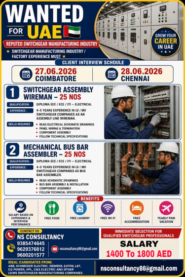 AE Switchgear Manufacturing Industry hiring Switchgear Assembly Wiremen and Mechanical Bus Bar