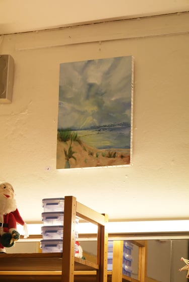 Impressionist oil painting of a coastal landscape with sand dunes and a cloudy sky.