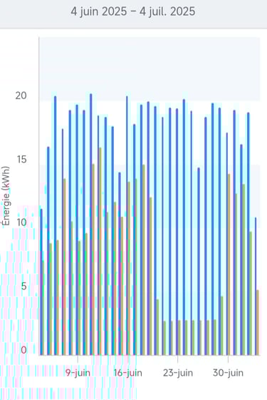 Graphique de la production et de la consommation d’électricité solaire à Villeneuve (04) du 4 juin au 4 juillet 2025.