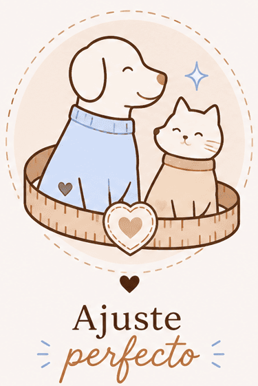 Ilustración de un perro y un gato con suéteres dentro de una cinta métrica para un ajuste perfecto.