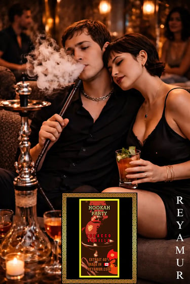 Nightlife couple enjoying REYAMUR Hookah Party smoky fragrance