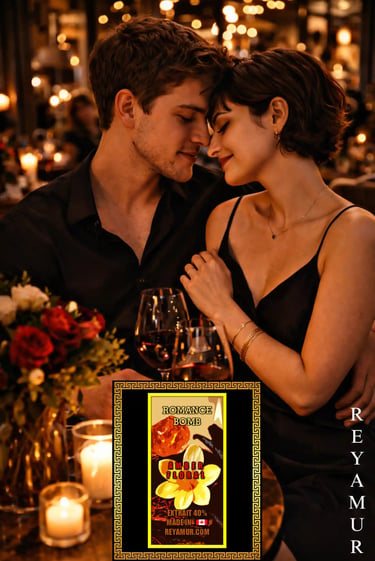 Romantic couple with REYAMUR Romance Bomb fragrance glowing presence
