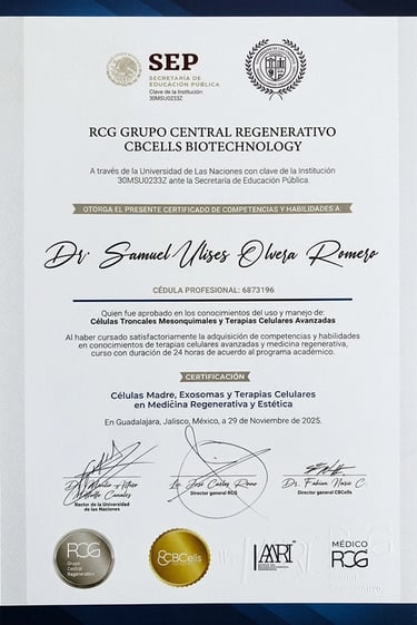 Doctors certification of regenerative medicine Dr. Samuel Olvera