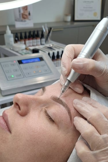 Professional technician performing eyebrow microblading on a client using a permanent makeup machine tool.